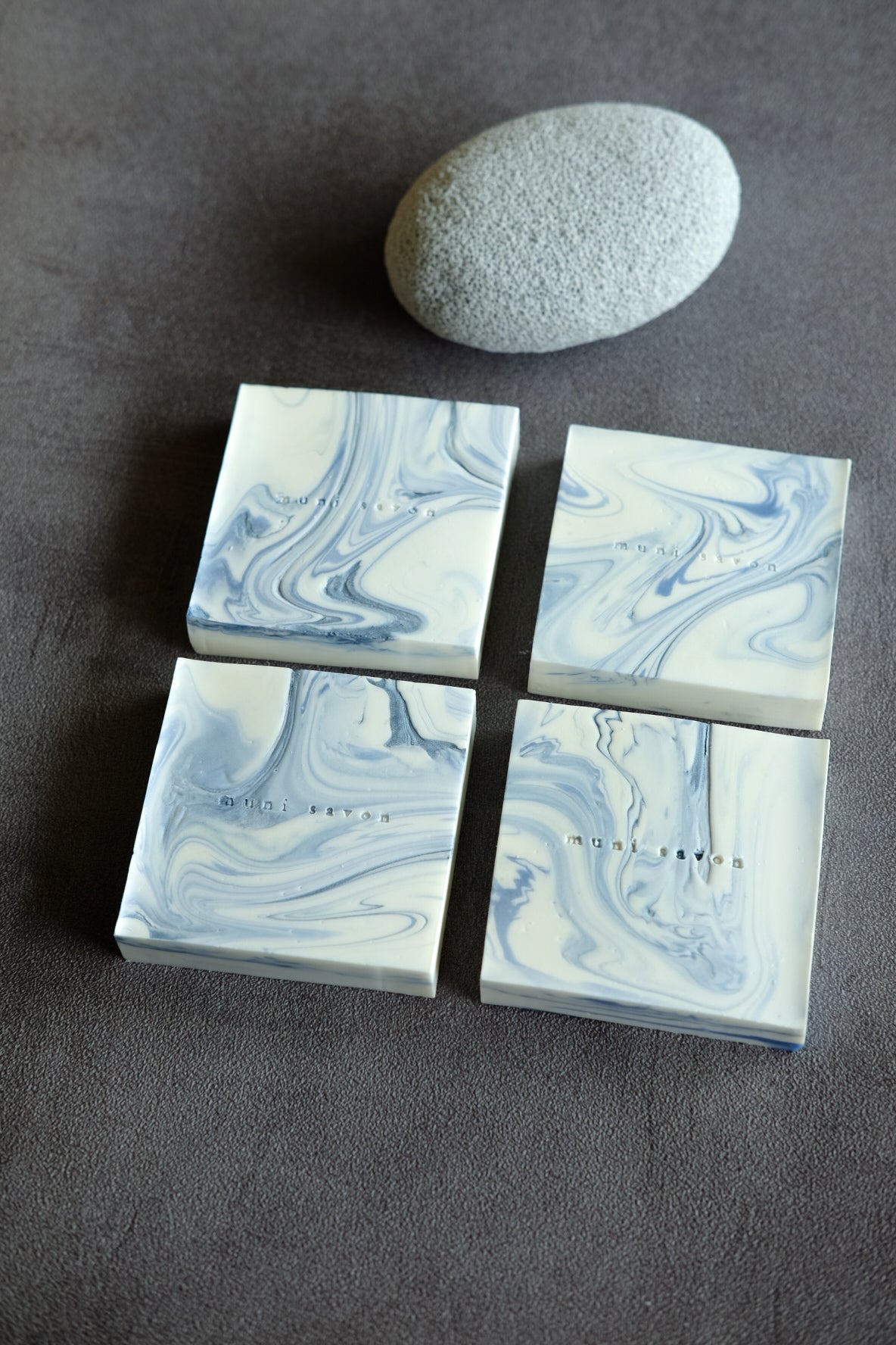 Square artisan soap with marble-inspired mineral surface